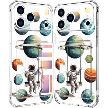 Imagem de ENDIY Compatível com Phone 17 Pro Max Case porta-cartão para mulheres design fofo, capas de telefone tipo carteira transparente legal Kawaii protetora (planetas espaciais astronautas transparentes)