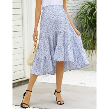 Imagem de FUNJULY Saia de maternidade feminina de cintura alta com babados em camadas, casual, rodada, boho, saia para mulheres, Vc-azul branco, P