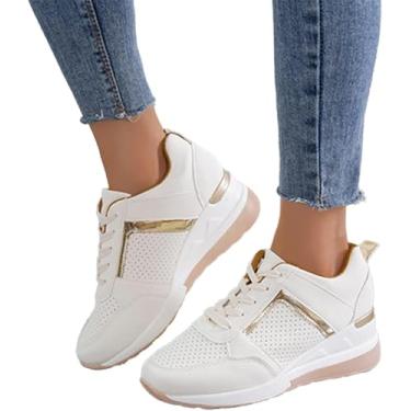 Imagem de Tênis De Cunha De Salto Alto Oculto Para Mulheres Plataforma De Moda Com Cadarço Sapatos Leves Senhoras Melhor Escolha Respirável Slip On Tênis Para Uso Casual E Diário, Blanco, 4 UK