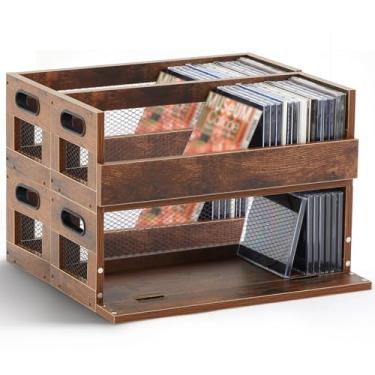 Imagem de Jetec Conjunto de 4 suportes de caixa de armazenamento de metal e madeira para CDs, prateleira, fita cassete com alças de transporte, prateleira organizadora para capas de filmes, DVDs, cada conjunto