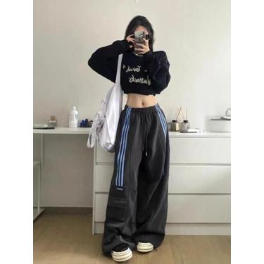 Imagem de Calça Moletom Feminina Listrada Plus Size - Cintura Alta, Perna Larga,