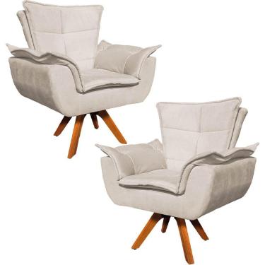 Imagem de Kit 2 Poltronas Decorativas Base Giratória Em Madeira Charger Suede Bege G19 - Gran Belo