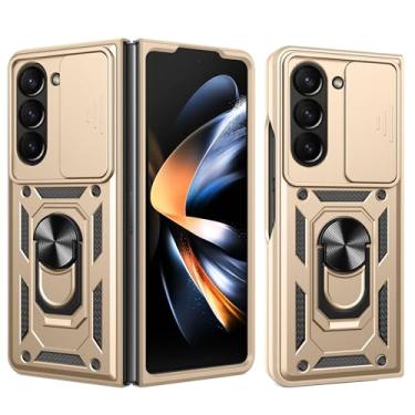 Imagem de RKINC Capa para Samsung Galaxy Z Fold 5 com capa deslizante para câmera e anel giratório com suporte de grau militar à prova de choque com suporte magnético para carro, dourado