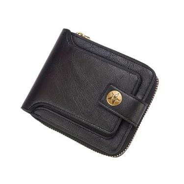 Imagem de Carteira masculina dobrável com bloqueio RFID – Bolso frontal minimalista fino com janela para identidade, Preto, Clássico