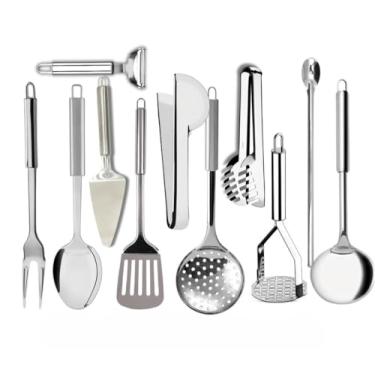 Imagem de Kit Peças Utensílios para Cozinha em Aço Inox Jogo Completo Escumadeira Concha Espátula Pegador (11)