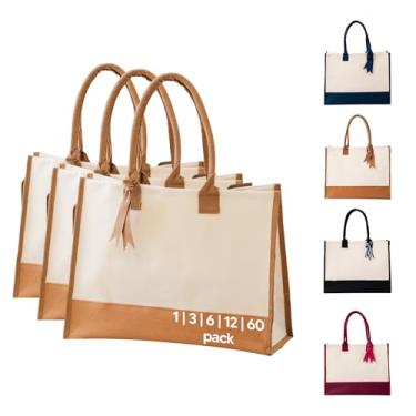 Imagem de Sacola de casamento com placa inferior e fita – Bolsa de presente 100% algodão para damas de honra, chá de panela, eventos, uso personalizado, Marrom, 6-Pack