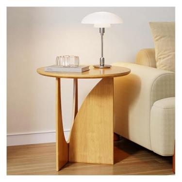 Imagem de HGTRH Mesa lateral redonda de madeira maciça, mesa de canto minimalista moderna com pernas em forma de madeira de borracha, mesa de cabeceira para sala de estar, quarto, varanda, madeira
