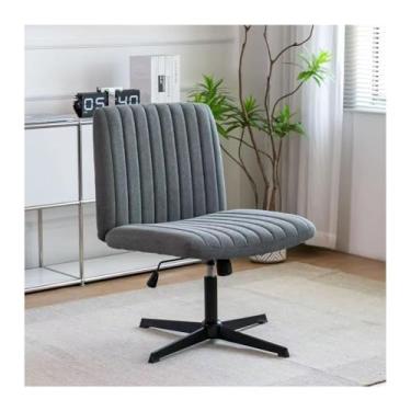 Imagem de HGTRH Cadeira de escritório sem braços sem rodas, cadeira de mesa giratória com pernas cruzadas com função de inclinação, base de aço fixa de algodão e linho, assento largo e encosto médio para quarto