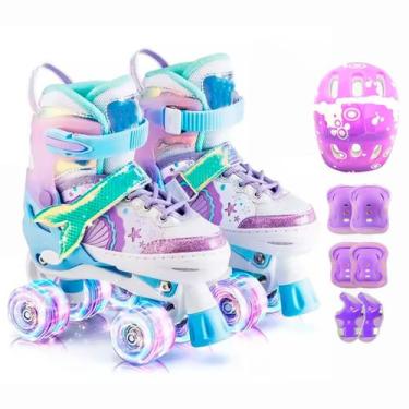 Imagem de Patins Infantil 4 Rodas Ajustável Rodinha Led Sereia + Kit Proteção TA