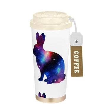 Imagem de TSENQUE Caneca de café de viagem 16+ Oz, copo de café de viagem com revestimento cerâmico com canudo e tampa, copo isolado a vácuo de aço inoxidável, silhuetas de coelho branco fofo