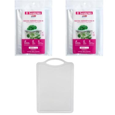 Imagem de Conjunto de 1 Tábua Branca Plástica de Corte para Alimentos + 2 Saco Hermetico Transparente 1 Litro