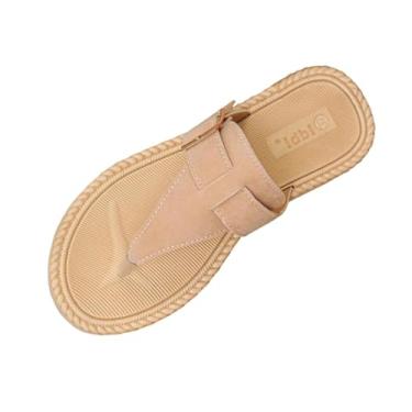 Imagem de Chinelo feminino peep toe com design de cor sólida para uso casual de verão e estilo minimalista, Bege, 36