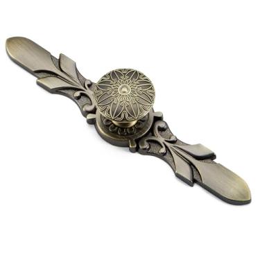 Imagem de Aandxmok Pacote com 20 pontas redondas de bronze antigo com placa traseira - Puxador de 3,8 cm e placa de 14 cm - Puxadores de gaveta Boho para guarda-roupa, puxadores de cômoda, puxadores de armários