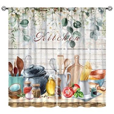 Imagem de Cortinas de cozinha retrô Farmhouse, prancha, eucalipto, comida, frutas, padrão country, cortinas de janela para quarto, sala de estar, cozinha, café (L50 x C 114 cm) x 2 decoração