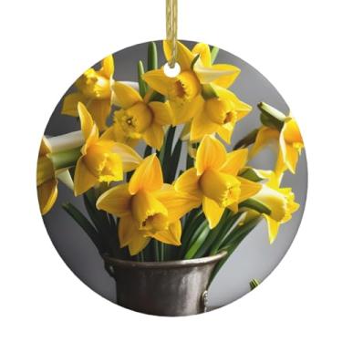 Imagem de Buquê de narcisos com estampa de Natal de cerâmica pendurada redonda, pingentes de porcelana, decoração criativa de Natal