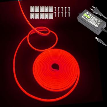 Imagem de mvthenxi Fita de luz LED neon vermelha, luz de corda flexível de 5 m - 12 V CC, 600 LEDs, à prova d'água para decoração de casa interna e externa (inclui adaptador de energia)