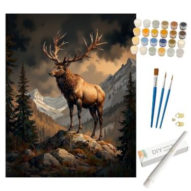 Imagem de Kit de pintura de vida selvagem por números para adultos - Pintura DIY de alce em penhasco de montanha em tela enrolada 40 x 50 cm, conjunto de tinta acrílica, adequado para iniciantes, arte da