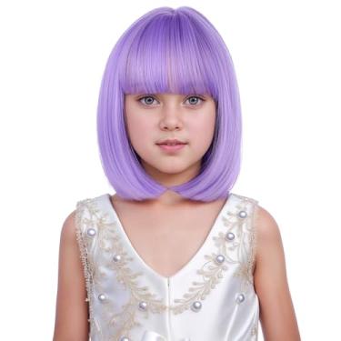 Imagem de DUDUWIG Peruca bob roxa para meninas, peruca infantil bob, lavanda peruca curta, reta e roxa com franja, rede de cabelo inclui