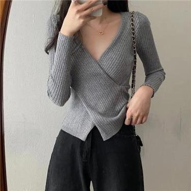 Imagem de Blusas De Tricô Femininas De Manga Longa Com Decote Em V, Casuais Para