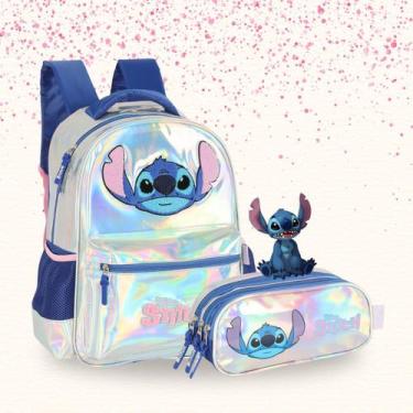 Imagem de Kit Mochila Costas Infantil + Estojo Triplo Luxo Stitch Holográfica - 