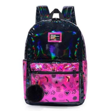 Imagem de Mochila Juvenil Escolar Feminina Holográfica Preta e Rosa Chaveiro Pom
