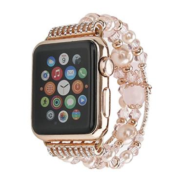 Imagem de GEMEK Pulseira feminina de ouro rosa de 38/40/41 mm, pulseira feminina de ágata elástica feita à mão para Apple Watch séries 9/8/7/6/5/4/3/2/1 (rosa)