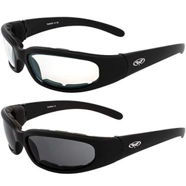 Imagem de 2 pares de óculos de sol de motocicleta acolchoados para visão global Chicago molduras pretas transparentes + lentes fumê