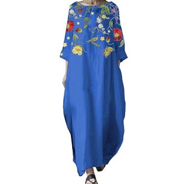 Imagem de UIFLQXX Vestido feminino plus size verão vintage estampa floral vestido longo gola redonda manga 3/4 casual vestido solto, Azul, M