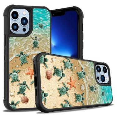 Imagem de ZXHSBROK Capa para iPhone 15 Pro, capa resistente de plástico rígido híbrido 3 em 1 e silicone macio à prova de choque para iPhone 15 Pro (2023) de 6,1 polegadas, tartarugas marinhas na praia