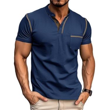 Imagem de CHUUMEE Camiseta masculina Henley manga curta casual leve slim fit botão básico com bolso, Azul royal, M