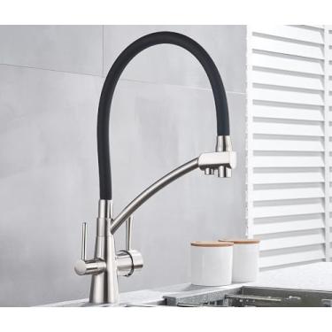 Imagem de Filtro de água torneira da cozinha 2 em 1 preto puxar para baixo torneiras pia água pura para cozinha deck giratória misturadora fria, níquel preto tubo a