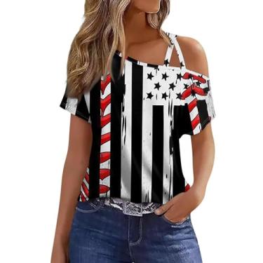 Imagem de Camisetas femininas 4th of July Patriotic American Flag Graphic Tops Sexy One Shoulder manga curta Independence Day Blusas, Azul, P