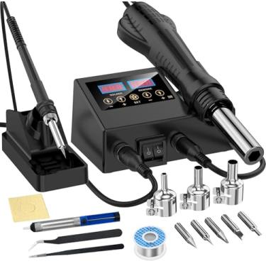 Imagem de Kit de estação de retrabalho de ar quente 2 em 1, ferro de solda com display digital duplo, ar quente, aquecimento rápido, com 5 pontas de ferro de solda, 3 bicos de ar quente, pinça