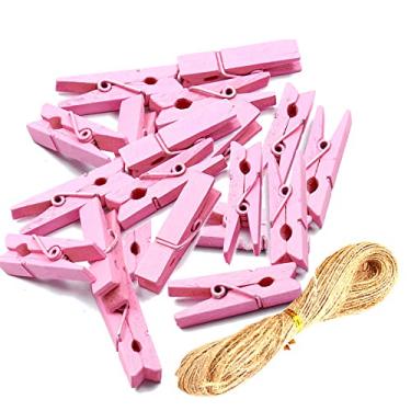 Imagem de Topxome 100 peças de mini prendedores de roupa de madeira natural pequeno prendedor de roupa mini clipes de foto suporte de colagem de imagens com barbante de juta (rosa)