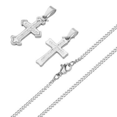 Imagem de Colar de cruz crucifixo prata cravejado ponto de luz strass masculino 