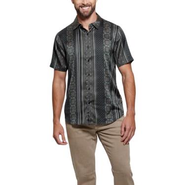 Imagem de GUESS Camisa masculina listrada de mosaico com pingente ecológico, Bellview Mosaic Stripe Tan, XGG