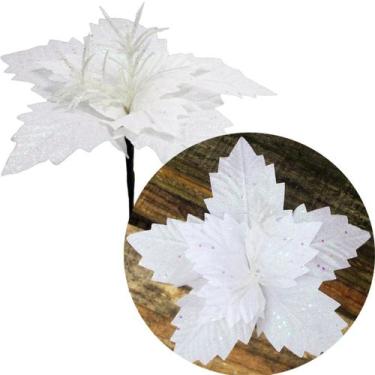 Imagem de Kit 10 Flores Artificial Gliter Branco Enfeite Natalino 25cm - Genéric