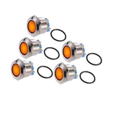 Imagem de Motoforti 5 peças de luz indicadora LED 19 mm 12 V AC DC invólucro de metal impermeável piloto painel lâmpada de sinal para carro, caminhão, barco, interior amarelo de longa duração