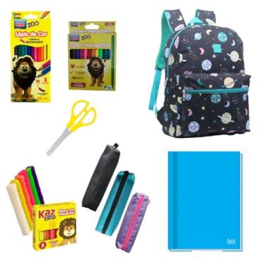 Imagem de Kit Material Escolar Infantil Fundamental Mochila Estojo Estampada Caderno Pintura Massinha Kas