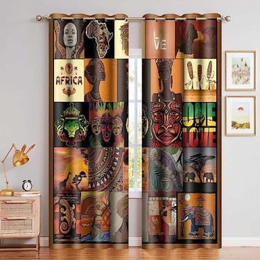 Imagem de MIZSYE Cortinas Estilo Patchwork Africano, Cortinas Blackout para Janelas de Mulheres Negras Africanas, Padrões Étnicos Nativos Africanos, Máscaras, Elefantes, Girafas, Cortina par (42"L X 84"C (Pacot