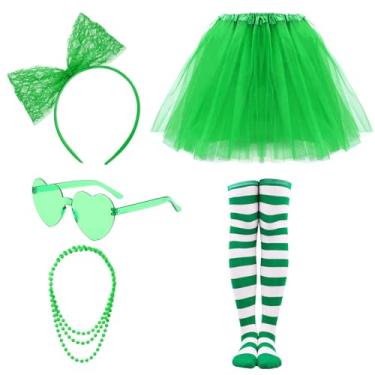 Imagem de Ewaycom Conjunto de acessórios de fantasia de tutu verde feminino, 4 camadas, tule, saia, coração, óculos de sol, laço e faixa de cabeça, conjunto de estoque listrado para mulheres, dia dos namorados,
