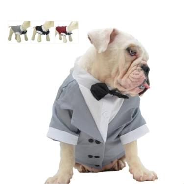 Imagem de Lovelonglong Fantasia de animal de estimação Terno de cachorro Formal Tuxedo com laço preto gravata para cães grandes médios pequenos roupas de gatoLovelonglong B-L (for Bulldog -40lbs) cinza