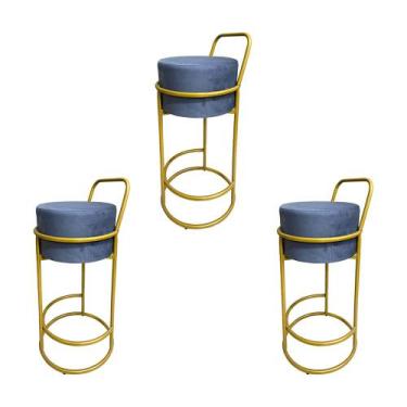 Imagem de Kit 3 Banquetas Alta Redonda Base Dourada Veludo - Cinza - CONCEPT EST