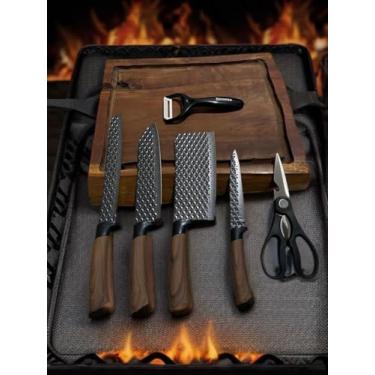 Imagem de Conjunto de Facas Profissionais com Cabo de Madeira, 6 Peças, Lâminas em Aço Inox com Padrão Texturizado