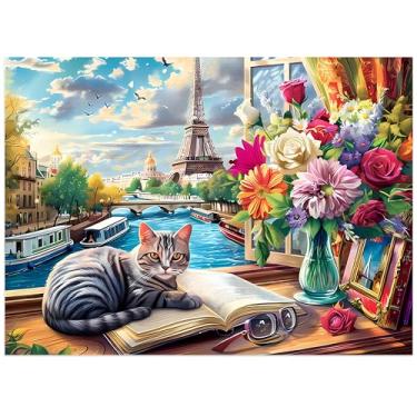 Imagem de Quebra-cabeça de 500 peças para adultos quebra-cabeça gato Paris para crianças idosas, quebra-cabeça de papel reciclado 500 peças quebra-cabeça desafiador jogo familiar presente para amigos, tamanho