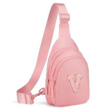 Imagem de Viverte Pequena bolsa tiracolo com inicial, pochete para meninas e mulheres, bolsa de peito fofa, bolsa cruzada, presente personalizado, Rosa claro, V