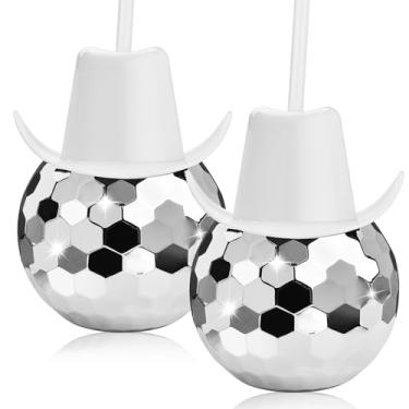 Imagem de ALINK Copos de bola de discoteca com tampas e canudos de chapéu de cowboy, copo de festa de discoteca brilhante prata de 590 ml, copos Taylor Swift para despedida de solteira, chá de noiva, decorações