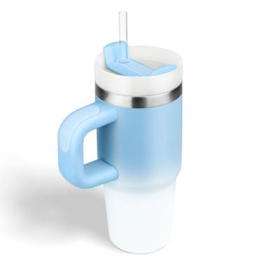 Imagem de BAISHIDA Copo de 400 ml com alça e canudo, copo infantil de 400 ml com tampa e canudo para crianças copos de aço inoxidável, presente de viagem para esportes ao ar livre, escola, mantém as bebidas