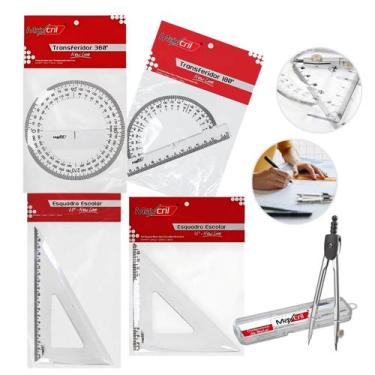 Imagem de Kit Escolar 5 Peças com Transferidor Esquadro e Compasso Ideal para us