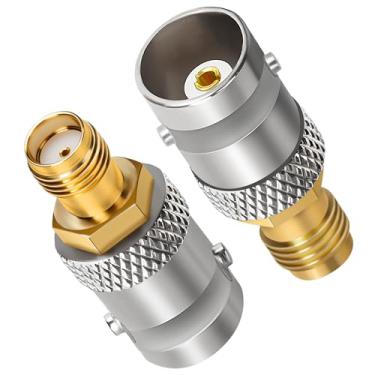 Imagem de Pacote com 2 adaptadores SMA para BNC, conector conversor de extensão acoplador de antena coaxial SMA fêmea para BNC fêmea RF para aplicações RF/dispositivos LAN sem fio/rádios Wi-Fi antena externa